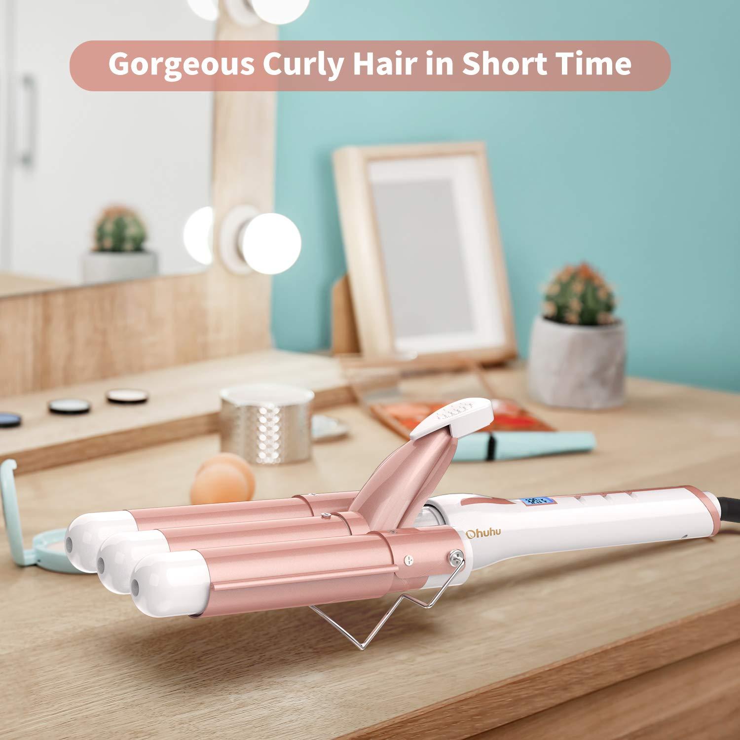 image3 Barrel Curling Iron Wand Ohuhu 1 Inch Ceramic Tourmaline Triple Barrels Hair Waver Curling Iron Temperature Adjustable Hair Waver Heats Up Quickly with LCD Temp Display Rose Gold Christmas Gift