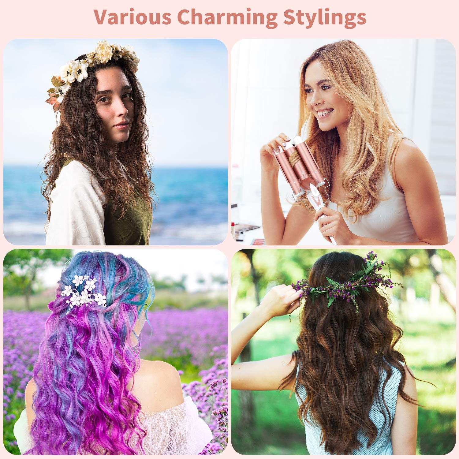 image3 Barrel Curling Iron Wand Ohuhu 1 Inch Ceramic Tourmaline Triple Barrels Hair Waver Curling Iron Temperature Adjustable Hair Waver Heats Up Quickly with LCD Temp Display Rose Gold Christmas Gift