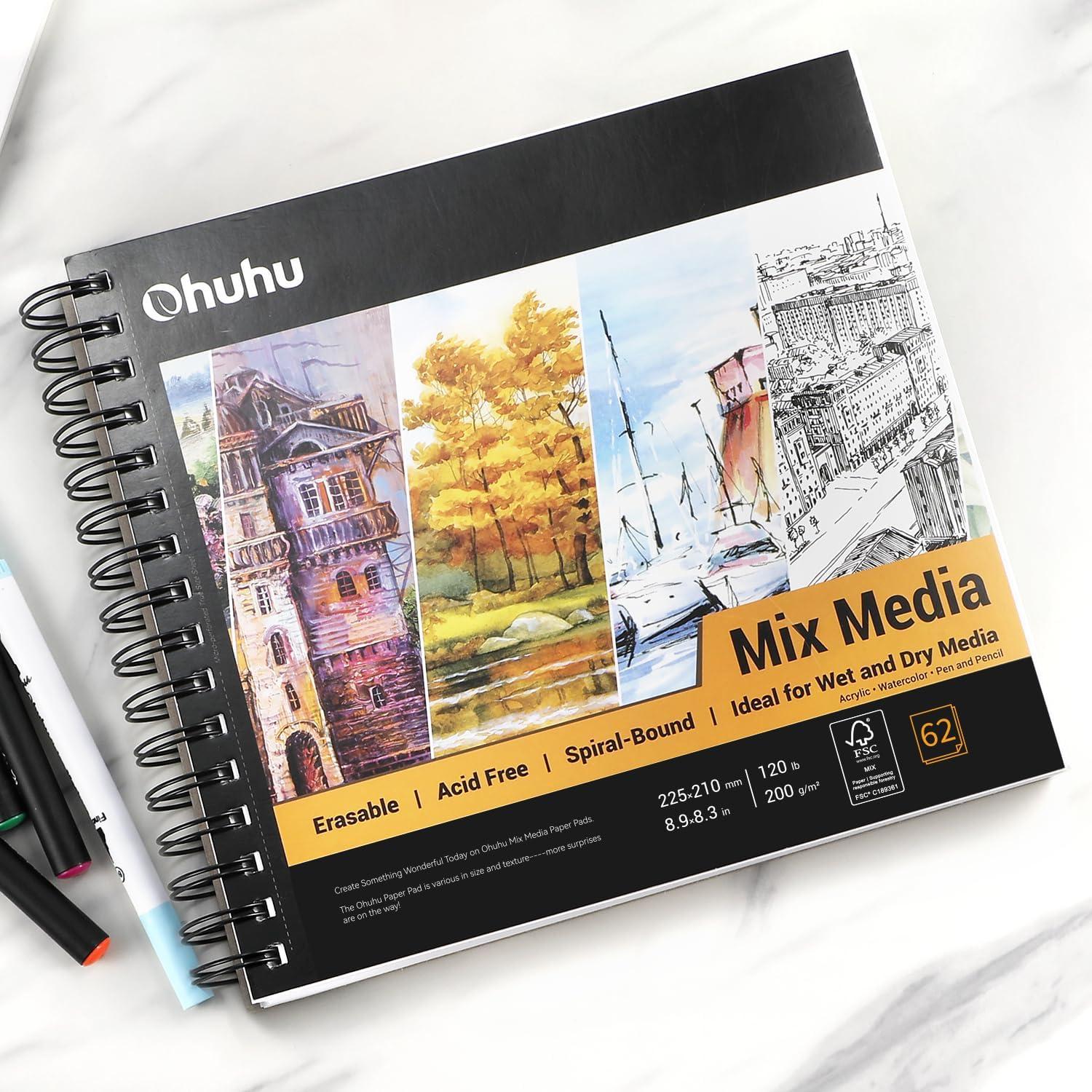 imageMix Media Pad Ohuhu Mixed Media Art Sketchbook 120 LB200 GSM Heavyweight Papers 62 Sheets124 Pages Spiral Bound Mixed Media Paper Pad for Christmas Gift 85x6 in8983 IN