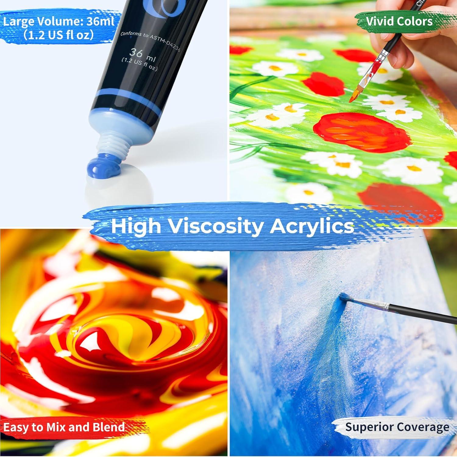 imageOhuhu Acrylic Paint Kits with Tutorial for Beginners 36ml 12 Vibrant Colors with 6 Brushes 3 Paint Canvases Sponge for Kids Painting Art Supplies for Ceramic Wood Fabric Model Rock Metal