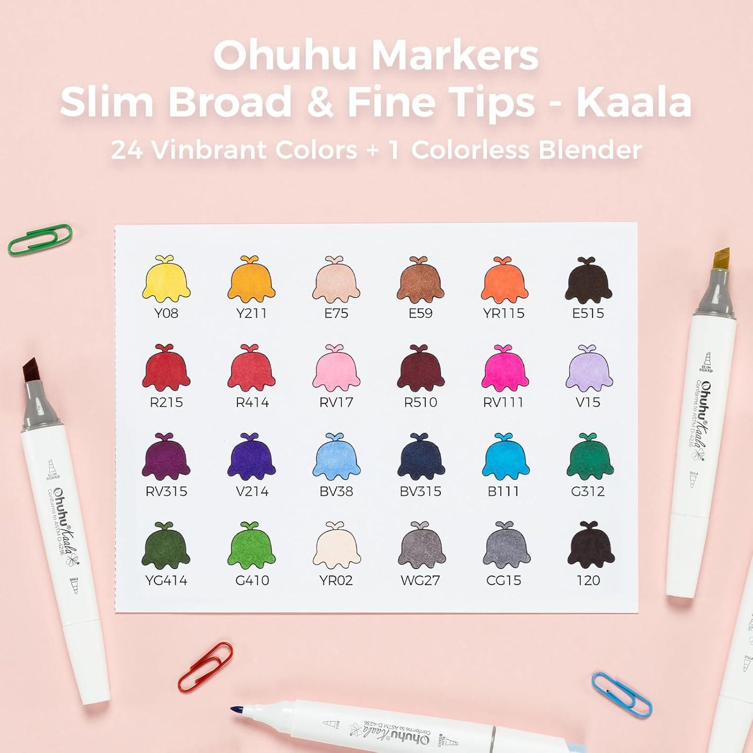 imageOhuhu Alcohol Markers  Double Tipped Art Marker Set for Artists Adult Coloring  Alcoholbased Refillable Ink  24 Basic Colors  Slim Broad ampamp Fine Dual Tips  Kaala Markers Pen Gift