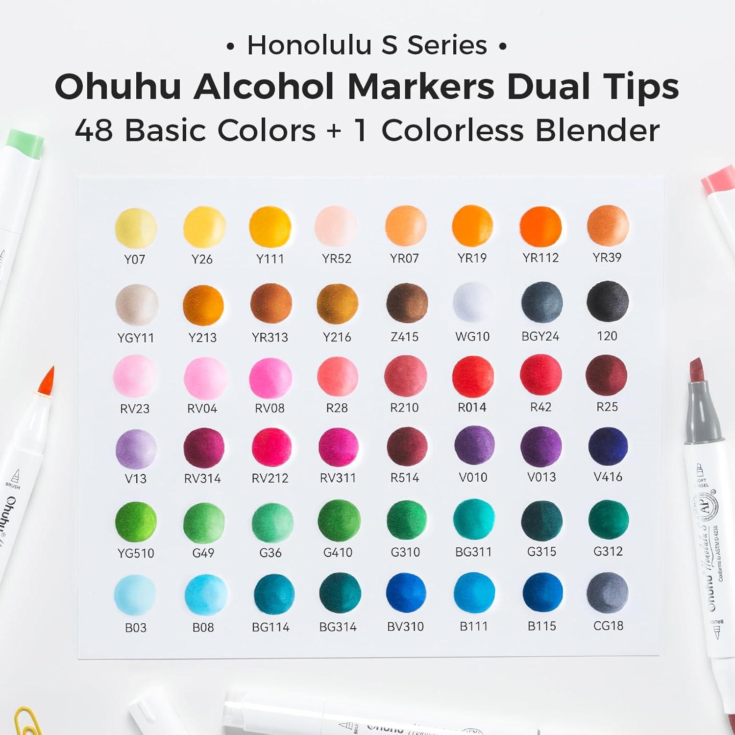imageOhuhu Alcohol Markers Brush Tip Double Tipped Art Marker Set for Artist Adults Coloring Illustration 48 Colors Brush ampamp Fine Honolulu B RefillableBrush Soft Chisel