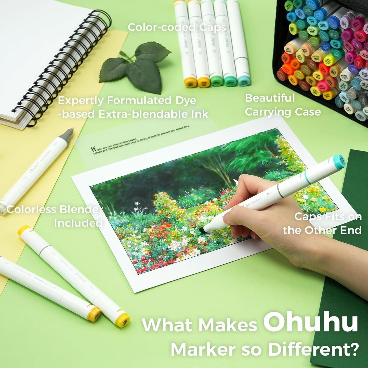 imageOhuhu Alcohol Markers Double Tipped Art Marker Set for Artists Adults Coloring Sketch Illustration  Chisel ampamp Fine Dual Tips  100 Colors  Oahu Series of Ohuhu Markers  Refillable Ink