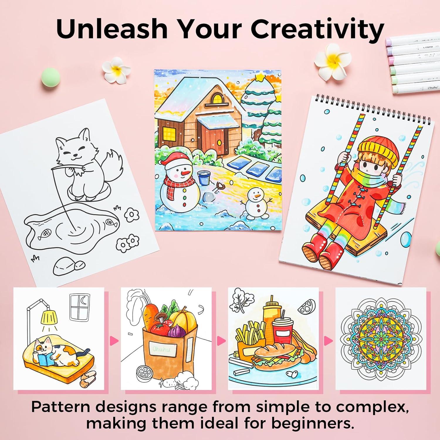 imageOhuhu DoubleSided Bleedproof Coloring Book for Alcohol Markers  8quotx10quot My Simple Pleasure Coloring Book  20 Sheets40 Patterns  Top SpiralBound Design  StressRelieving Gift for Adults TeensWarm White