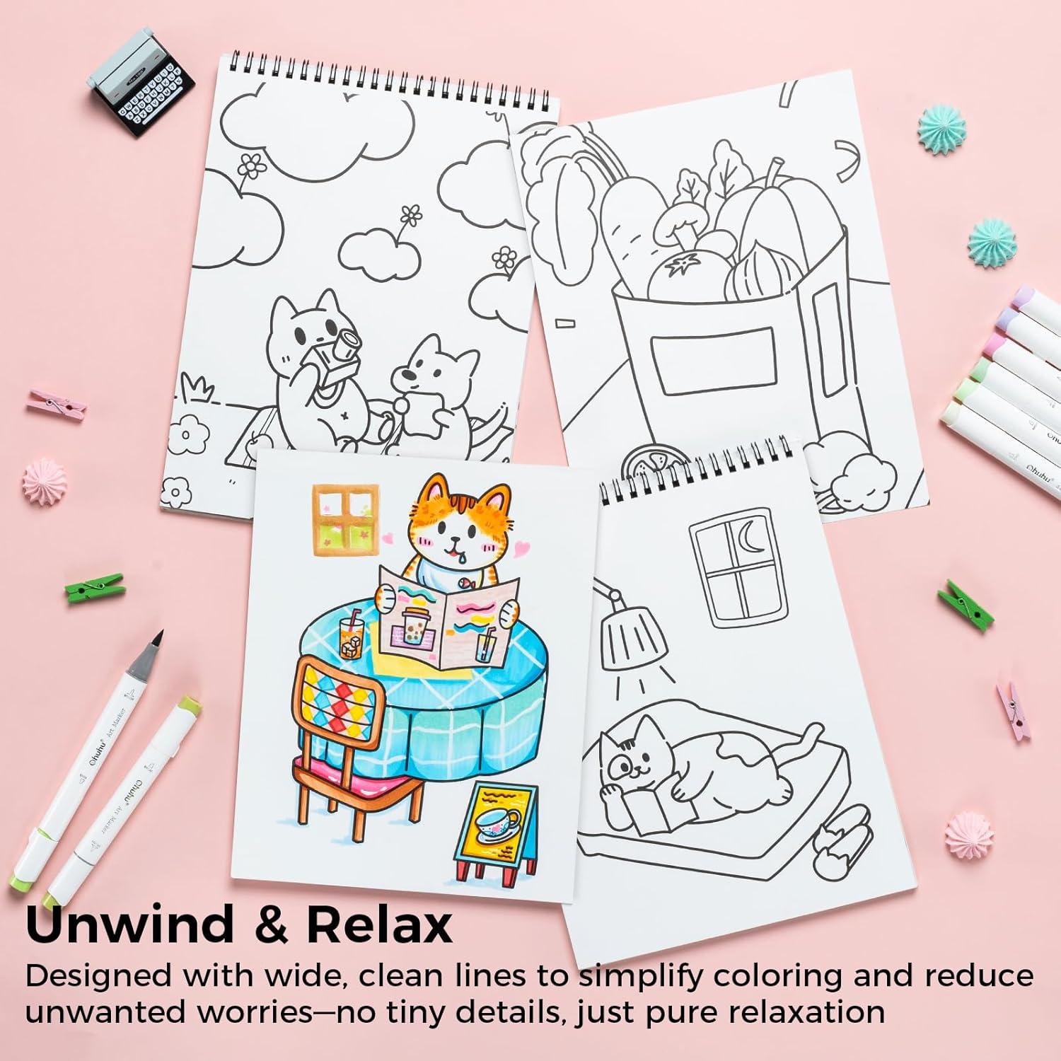 imageOhuhu DoubleSided Bleedproof Coloring Book for Alcohol Markers  8quotx10quot My Simple Pleasure Coloring Book  20 Sheets40 Patterns  Top SpiralBound Design  StressRelieving Gift for Adults TeensWarm White
