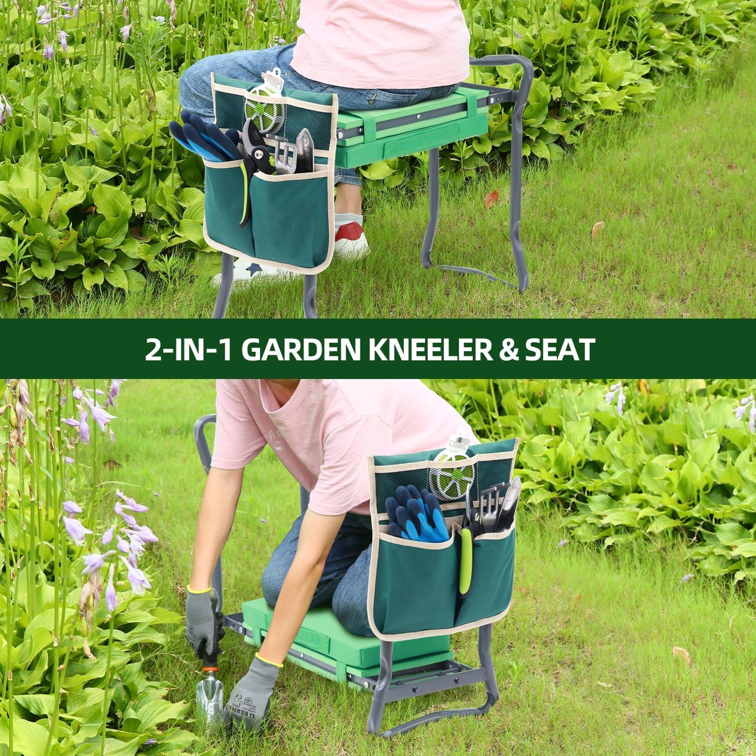imageOhuhu Garden Kneeler and Seat Heavy Duty Garden Stool with EVA Foam Kneeling Pad Foldable Gardening Bench with 2 Tool Pouches 2in1 Portable Gardening Supplies Idea Gifts for Women Men SeniorsGreen