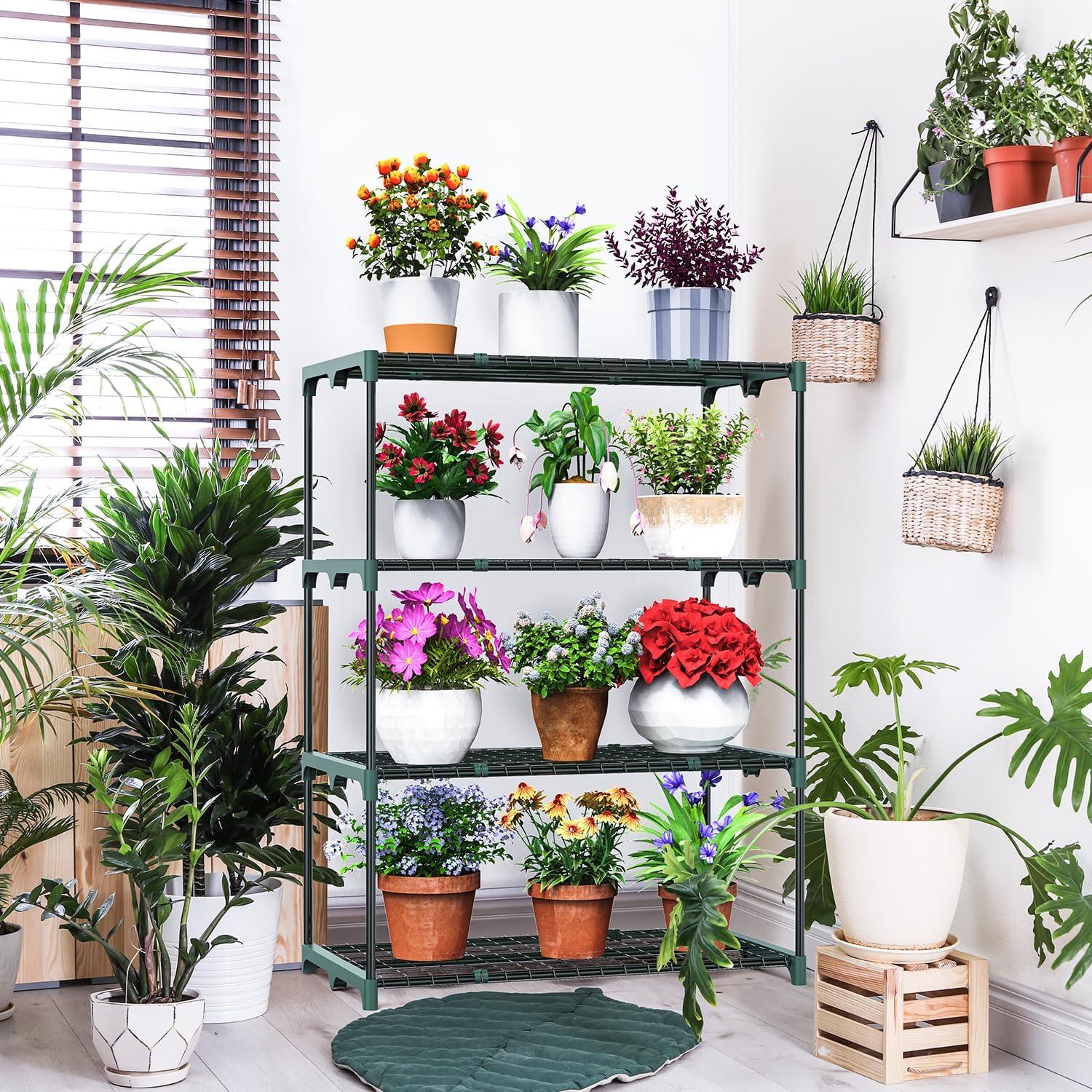 imageOhuhu Plant Greenhouse Shelves 4 Tier 2 Pack ExtraWide Stable Green House Shelving for Outdoor 31x18x42 Inch Portable Rustproof Metal Shelf Plant Stand Rack Greenhouse Accessories