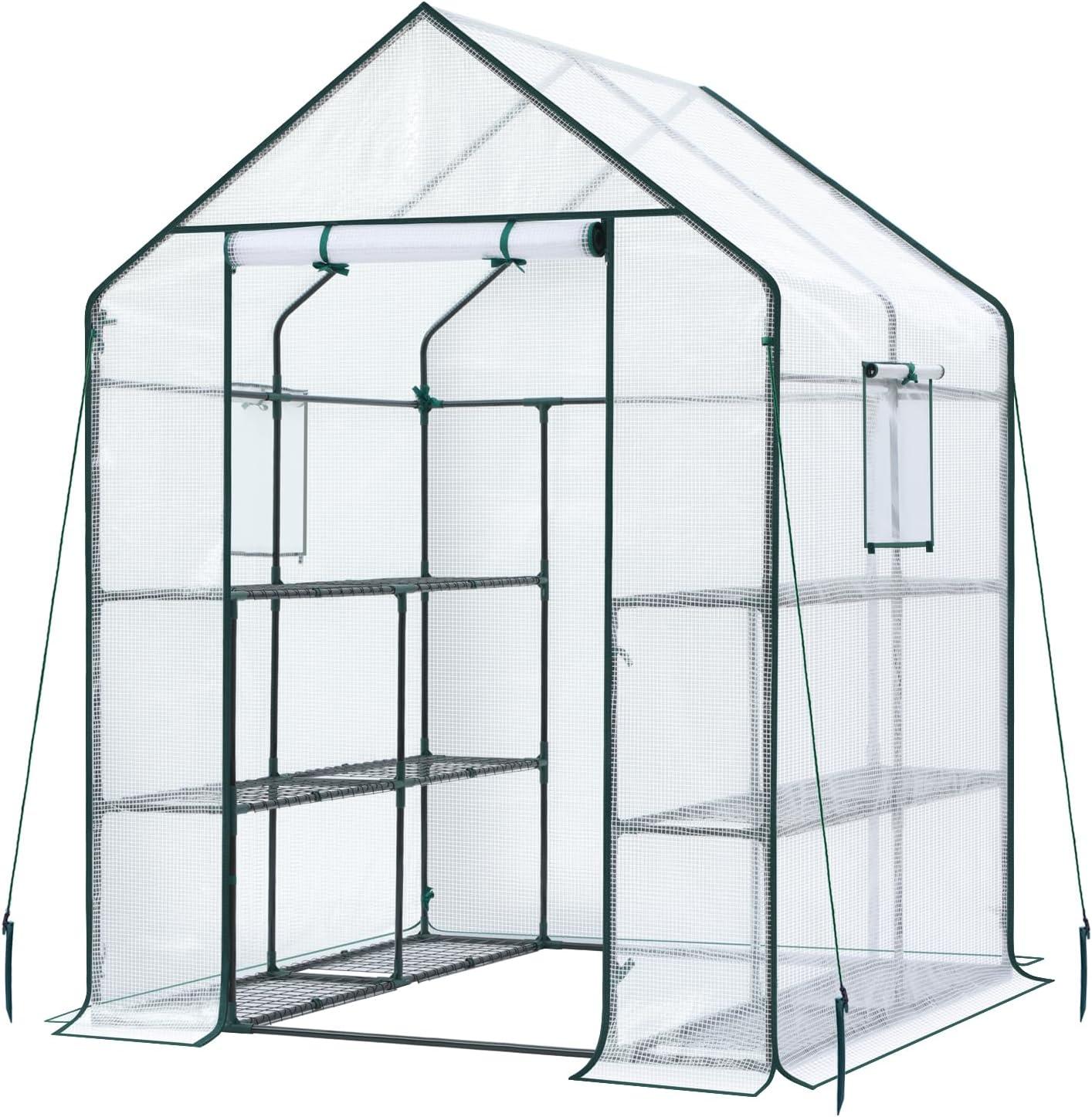 imageOhuhu Plastic Greenhouse for Outdoors Portable Walk in Plant Green House with Improved Transparent PVC Cover 3 Tiers 12 Shelves Stands Small Greenhouses Backyard Green Houses for Outside Heavy DutyWhite PE Cover