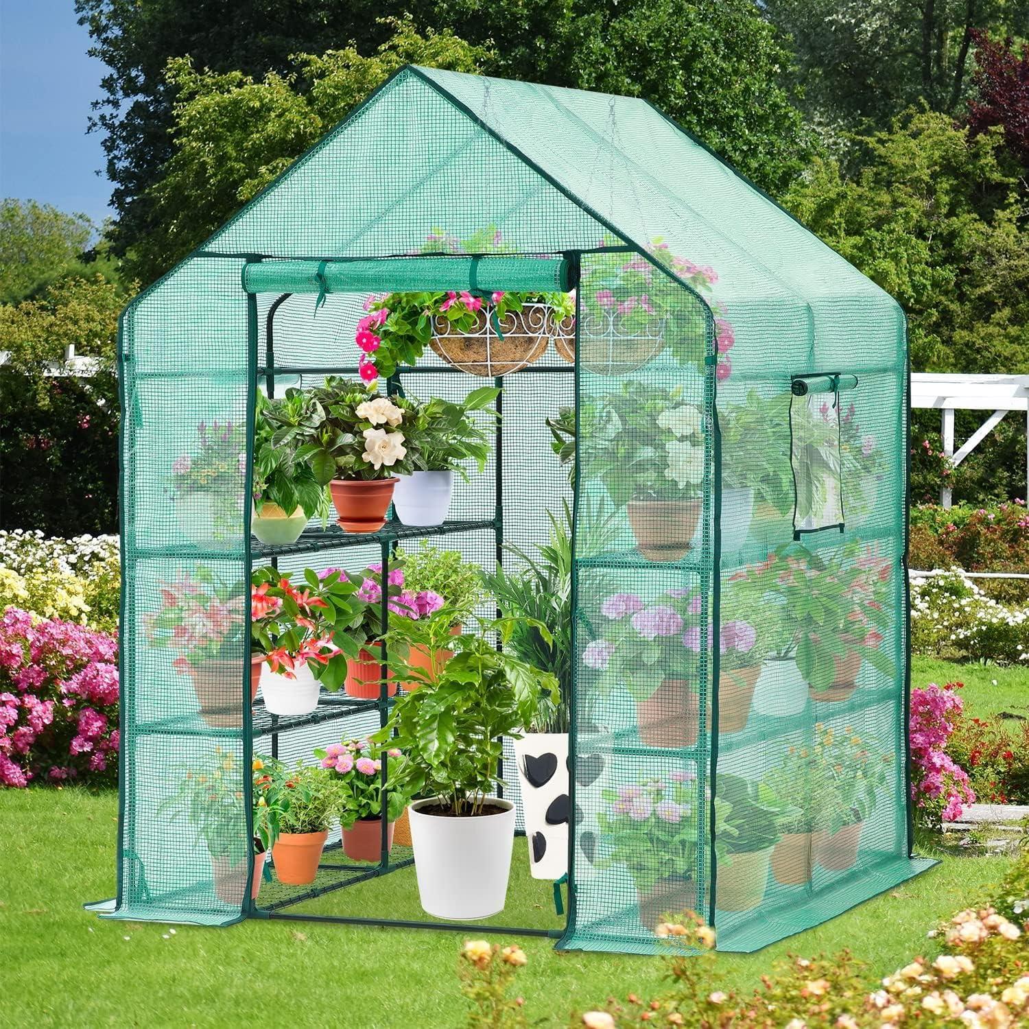 imageOhuhu Plastic Greenhouse for Outdoors Portable Walk in Plant Green House with Improved Transparent PVC Cover 3 Tiers 12 Shelves Stands Small Greenhouses Backyard Green Houses for Outside Heavy DutyPE Cover