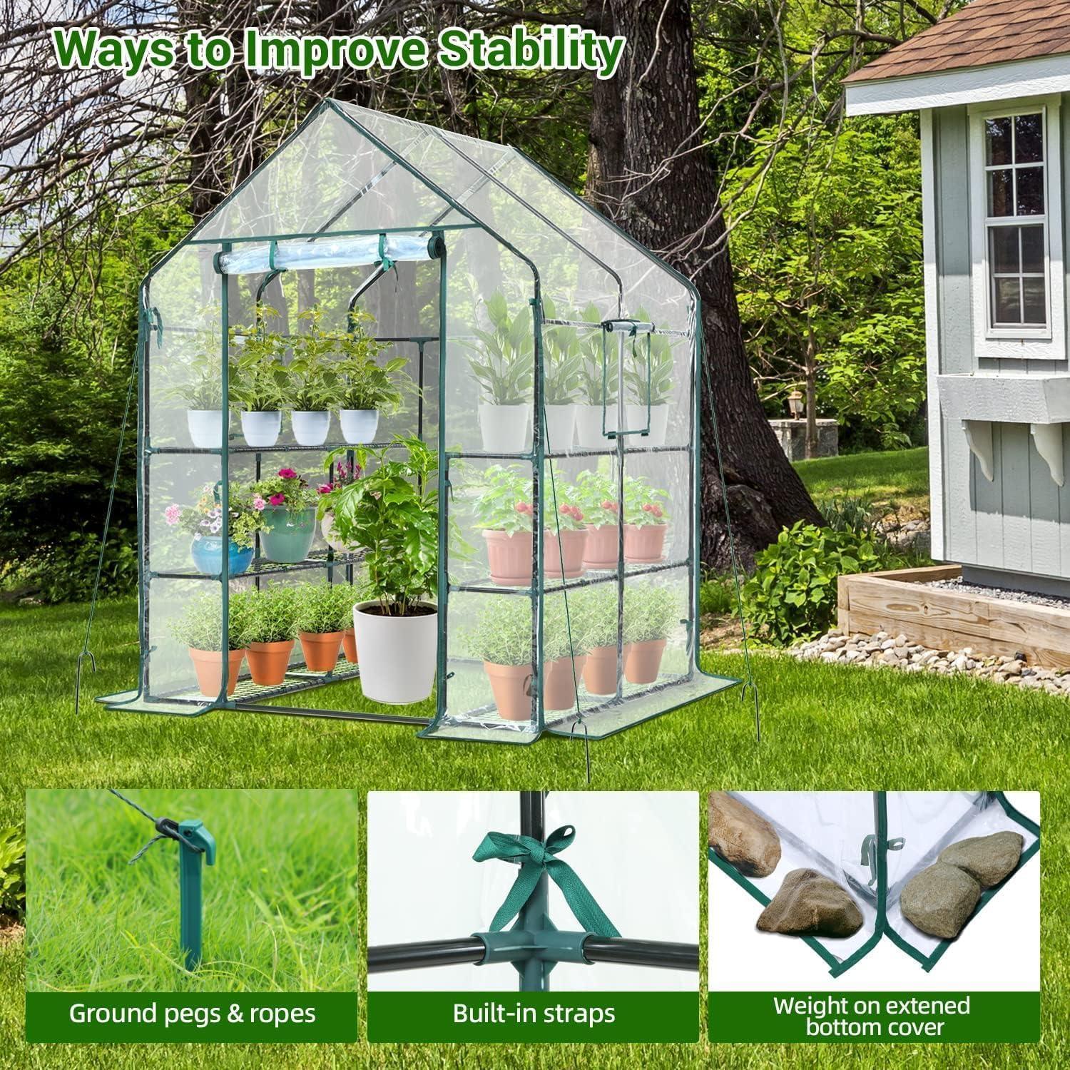 imageOhuhu Plastic Greenhouse for Outdoors Portable Walk in Plant Green House with Improved Transparent PVC Cover 3 Tiers 12 Shelves Stands Small Greenhouses Backyard Green Houses for Outside Heavy DutyClear PVC Cover