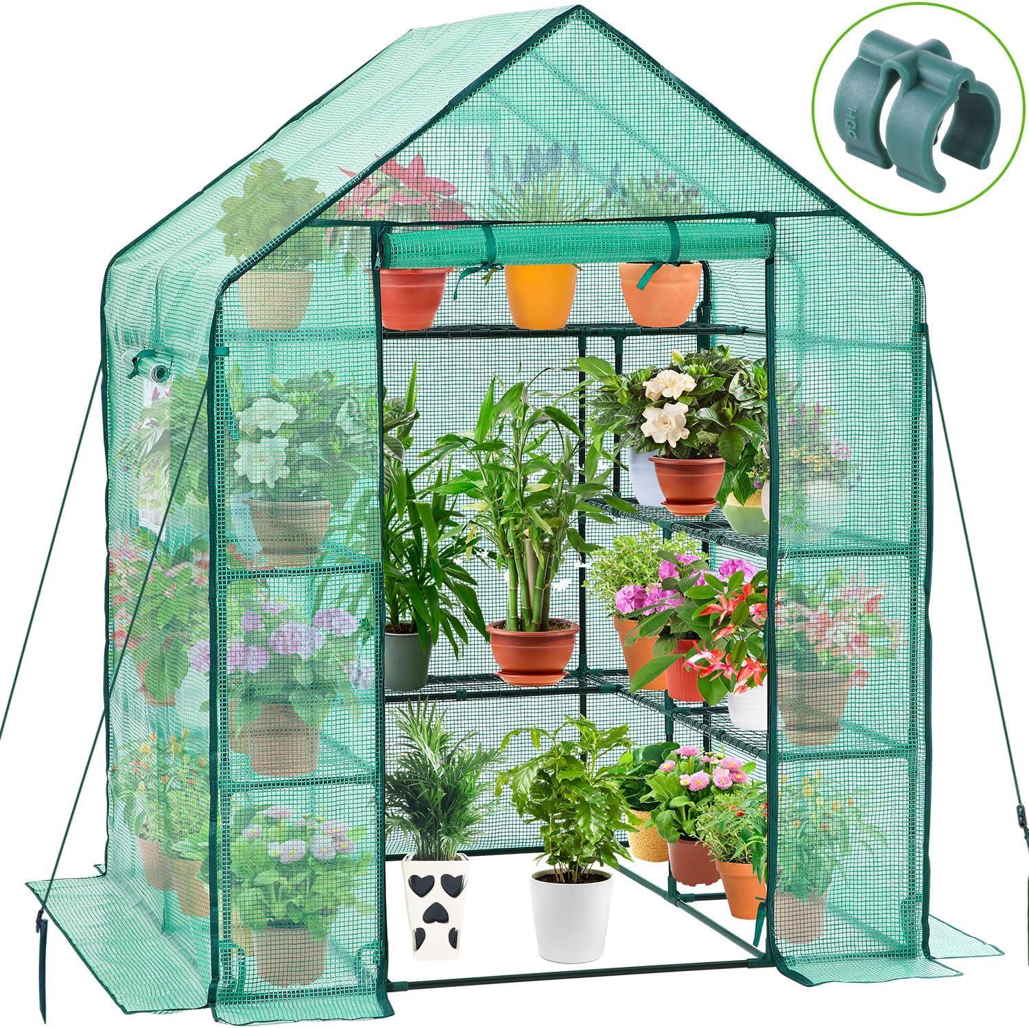 imageOhuhu Plastic Greenhouse for Outdoors Portable Walk in Plant Green House with Improved Transparent PVC Cover 3 Tiers 12 Shelves Stands Small Greenhouses Backyard Green Houses for Outside Heavy DutyPE Cover