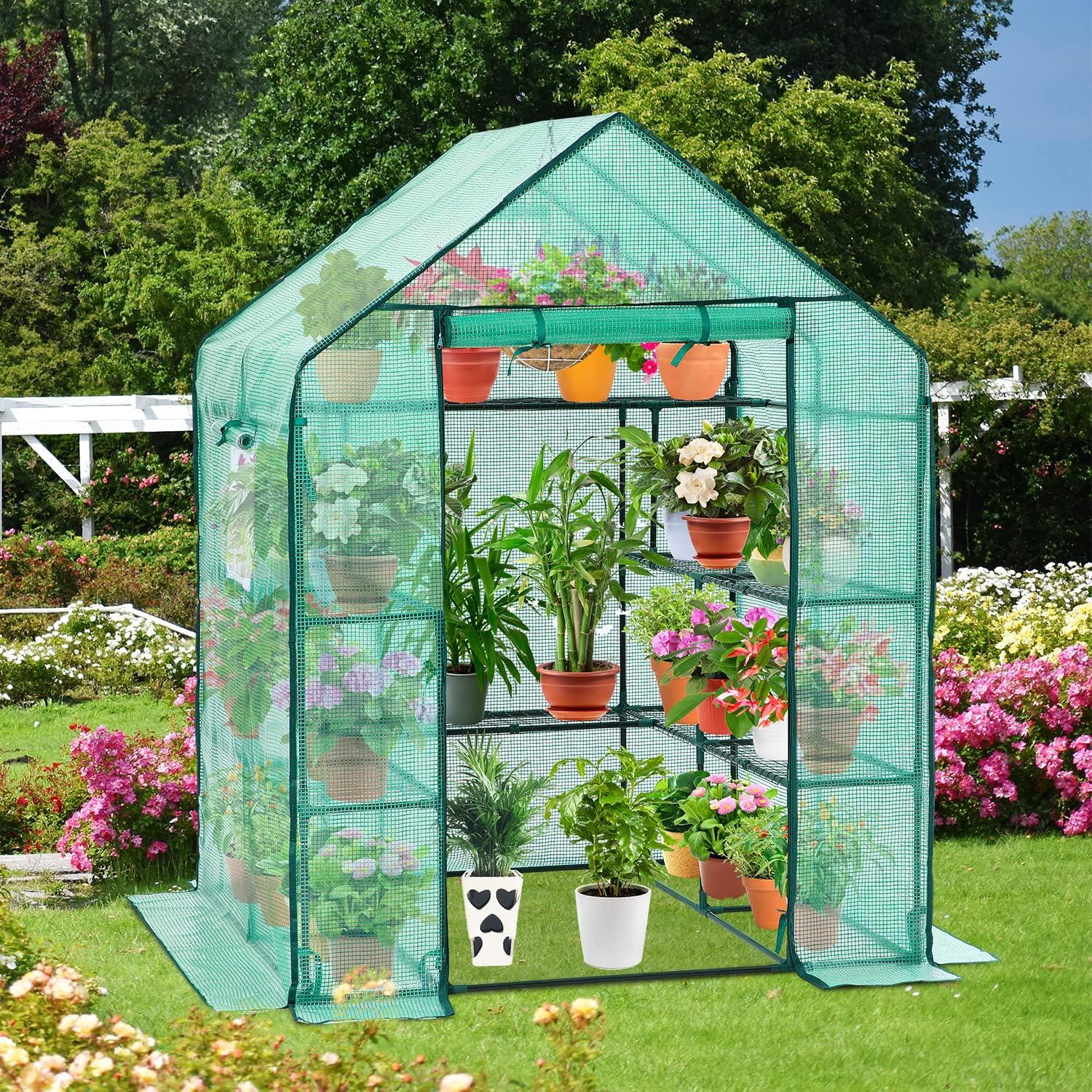 imageOhuhu Plastic Greenhouse for Outdoors Portable Walk in Plant Green House with Improved Transparent PVC Cover 3 Tiers 12 Shelves Stands Small Greenhouses Backyard Green Houses for Outside Heavy DutyPE Cover