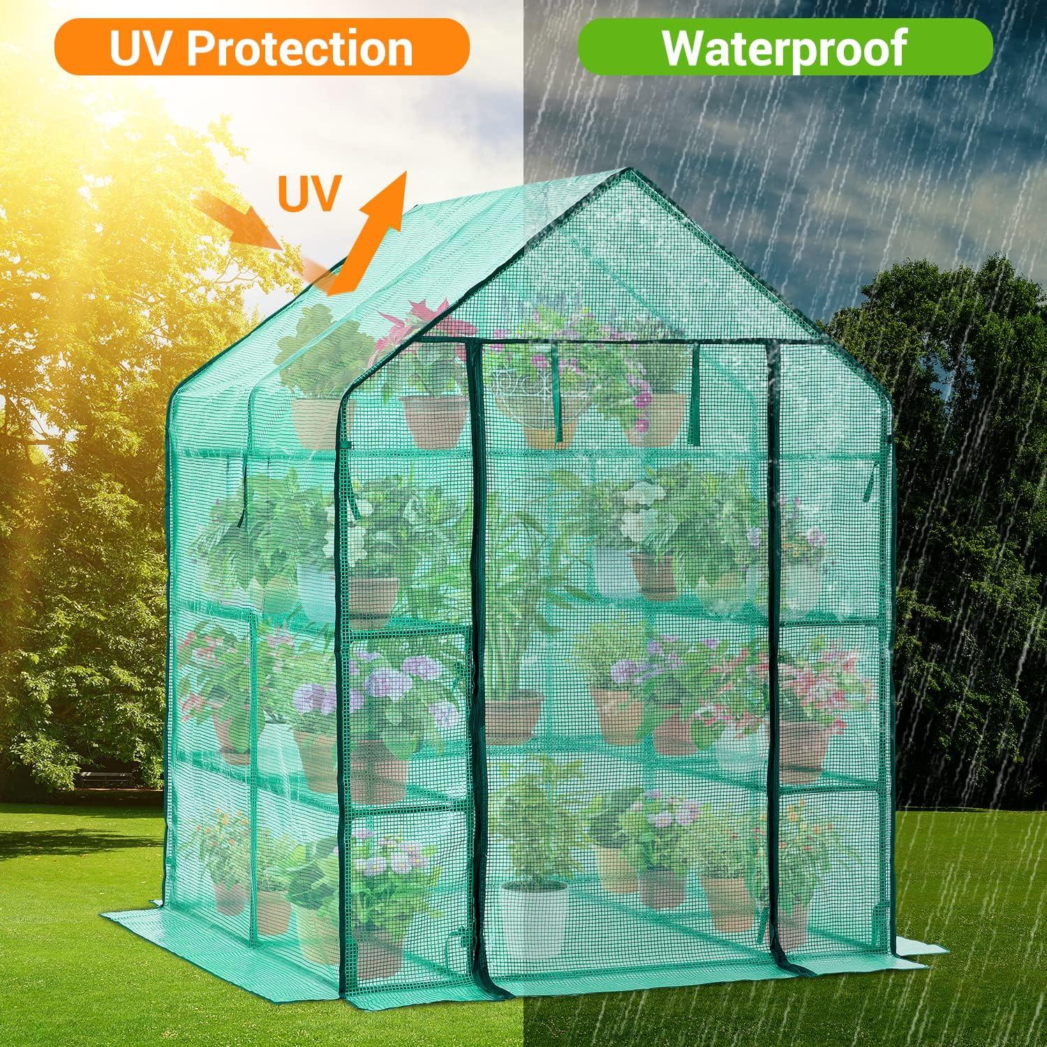 imageOhuhu Plastic Greenhouse for Outdoors Portable Walk in Plant Green House with Improved Transparent PVC Cover 3 Tiers 12 Shelves Stands Small Greenhouses Backyard Green Houses for Outside Heavy DutyPE Cover
