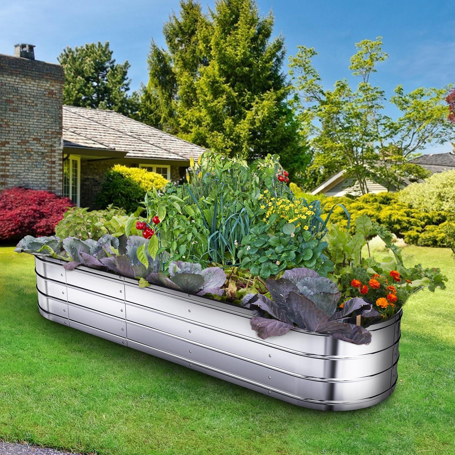 imageRaised Garden Bed with Safety Edging Ohuhu 57x17x1 FT Galvanized Metal Planter Box Outdoor Plant Beds Planting Boxes for Vegetable Flower Herbs Above Ground Elevated Large Oval Gardening PlantersSliver
