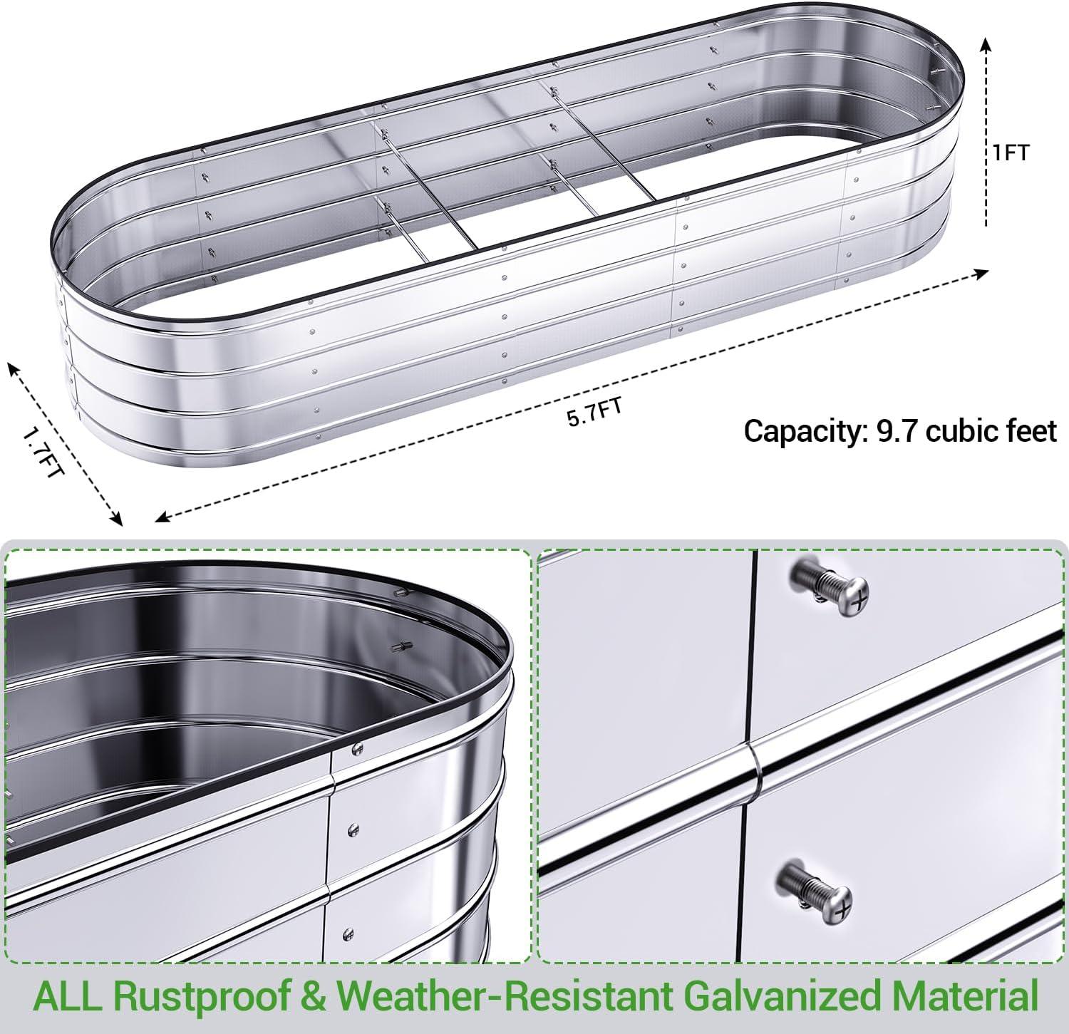 imageRaised Garden Bed with Safety Edging Ohuhu 57x17x1 FT Galvanized Metal Planter Box Outdoor Plant Beds Planting Boxes for Vegetable Flower Herbs Above Ground Elevated Large Oval Gardening PlantersSliver