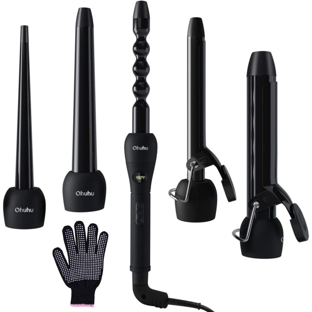 image5 in 1 Curling Wand Set Ohuhu Curling Iron Wand LCD Temperature Display 5Pcs 035 to 125 Inch Interchangeable Ceramic Barrel Heat Protective Glove for Girls Women Mother Gift Rose GoldBlack