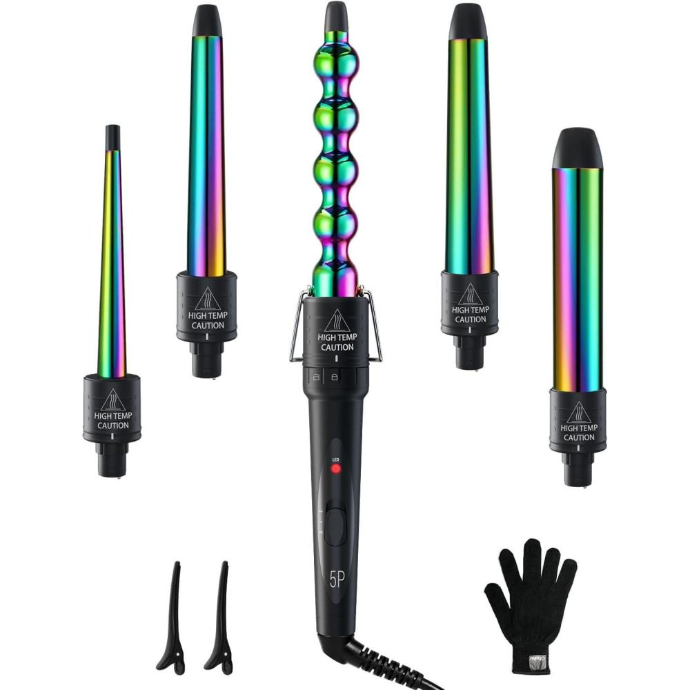 image7 in 1 Curling Wand Set Ohuhu Curling Iron Wand 7Pcs 035 to 125 Inch Interchangeable Ceramic Barrel Heat Protective Glove 2 Clips Dual Voltage Hair Curler for Girl Women Mother Gift Rose GoldRainbow