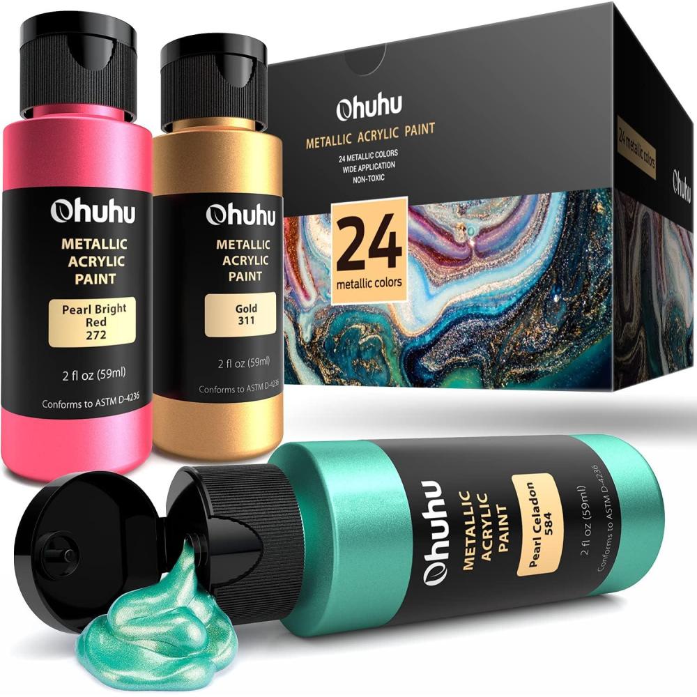 imageAcrylic Paint Set for Art Ohuhu 24 Colors 2 Ounce59ml Metallic Acrylic Paint Supplies for Wood Fabric Crafts Canvas LeatherampampStone
