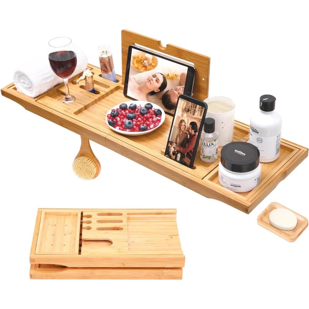 imageBathtub Tray Ohuhu Premium Bamboo Bathtub Caddy Tray Expandable Foldable Bath Tray with AntiSlip Grips Soap Wine Phone Holder Mothers Day Gifts