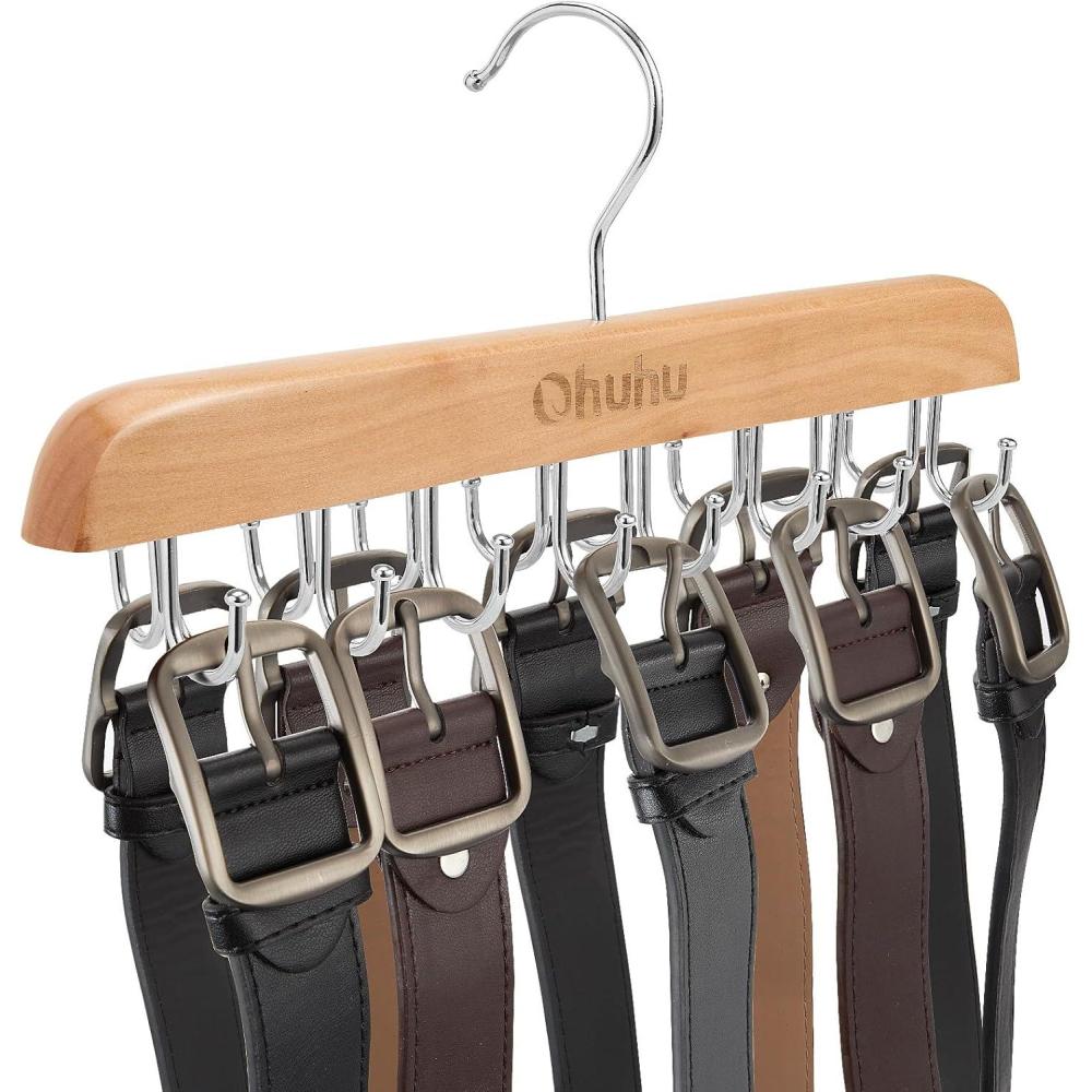 imageBelt Hanger Organizer for Closet Ohuhu 16 Hooks Max 48 Belts Tie Rack Wooden Belt Holder for Storage 360 Degree Rotating Space Saver Organizer for Men Women Belt Tie Scarf Tank Top AccessoriesWalnutBurlywood