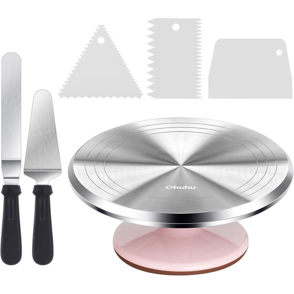 imageCake Turntable Ohuhu Aluminium 12 Cake Decorating Kit Supplies Rotating Stand Revolving Spinner with 2 Icing Spatula 3 Comb SmootherPink