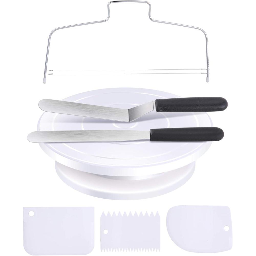 imageCake Turntable for Decorating Ohuhu Cake Decorating Tools Rotating Cake Stand with 2 Icing Spatula 3 Icing Smoother and Cake Leveler Turns Smoothly for Cake Decorations White 10 inch