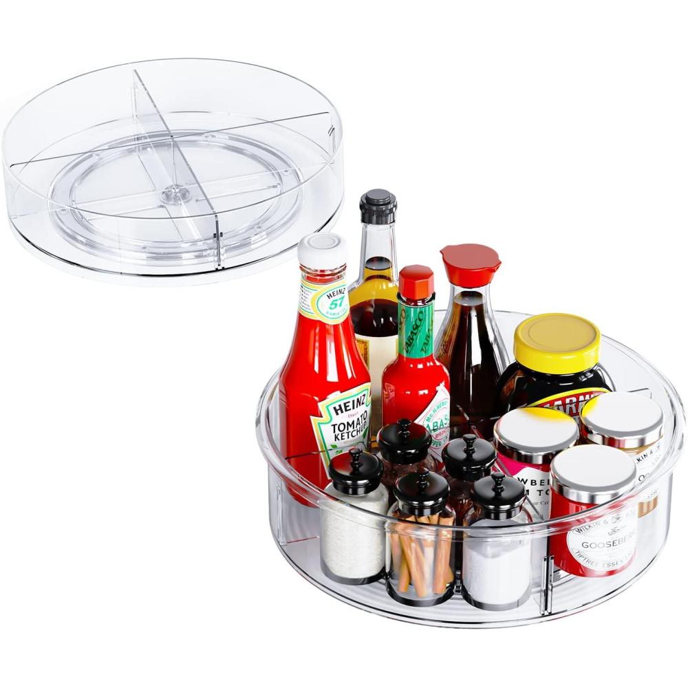 imageLazy Susan Turntable Ohuhu 2 Pack Lazy Susan Organizer 12quot ampamp 104 Round Plastic Clear Lazy Susans Spice Rack NonSkid Turntable Organizer with 2 Division Plate for Cabinet Pantry Fridge Countertop