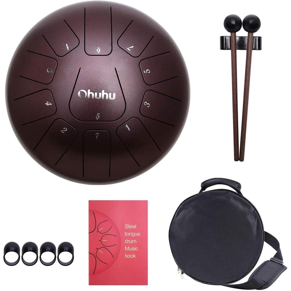 imageOhuhu 10 Inch Steel Tongue Drum 11 Notes D Major for Kids and Adults with Rubber Mallets Finger Picks and Padded Travel Bag