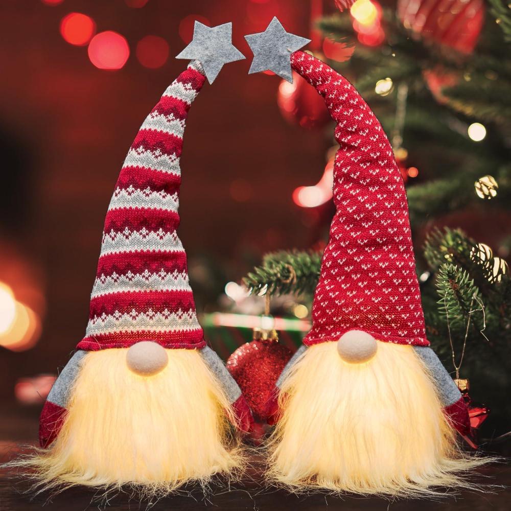 imageOhuhu 2 Pack 185 Light Up Christmas Gnomes White Plush Handmade Swedish Santa Tomte Xmas Home Table Christmas Tree Indoor Decor