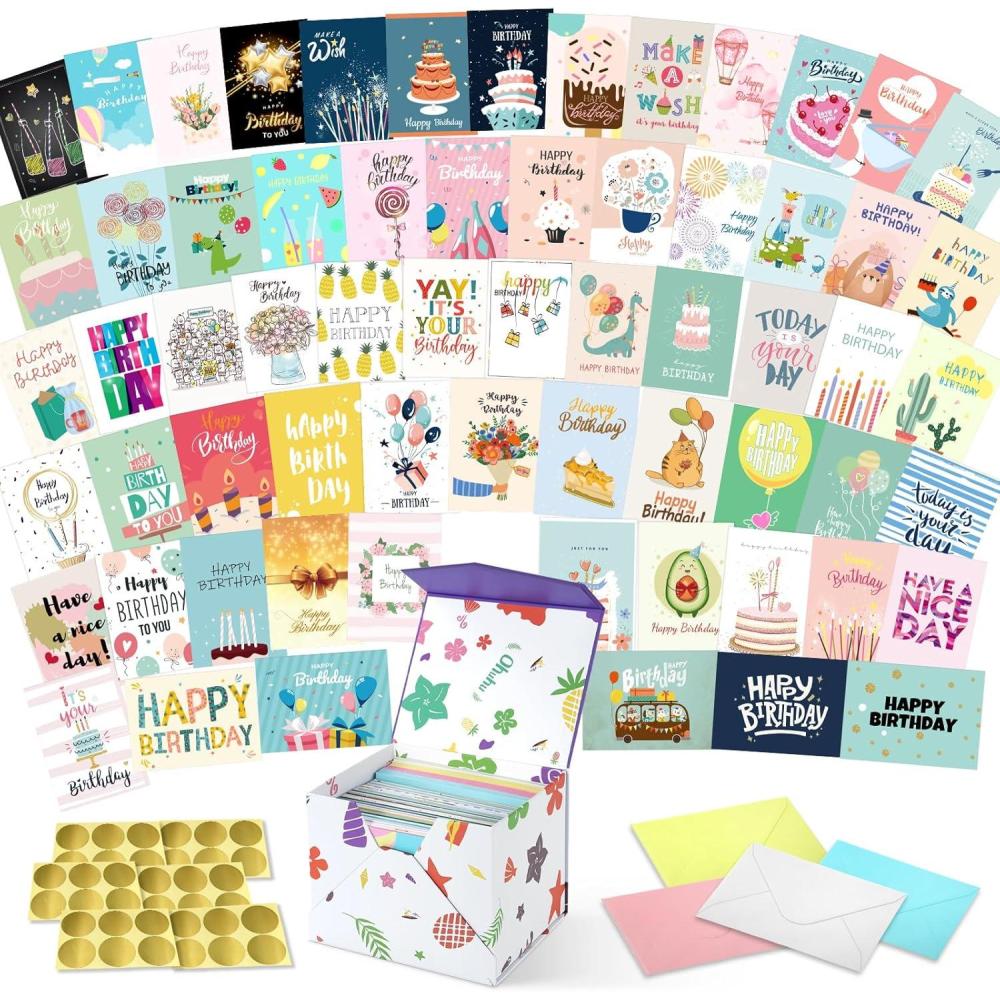 imageOhuhu 64 Unique Birthday Cards with Colorful Envelopes and Gold Stickers Set  Large A7 5x7 Birthday Cards with Greetings Inside for Businesses Personal Adults Kids  Included Sturdy Storage Box