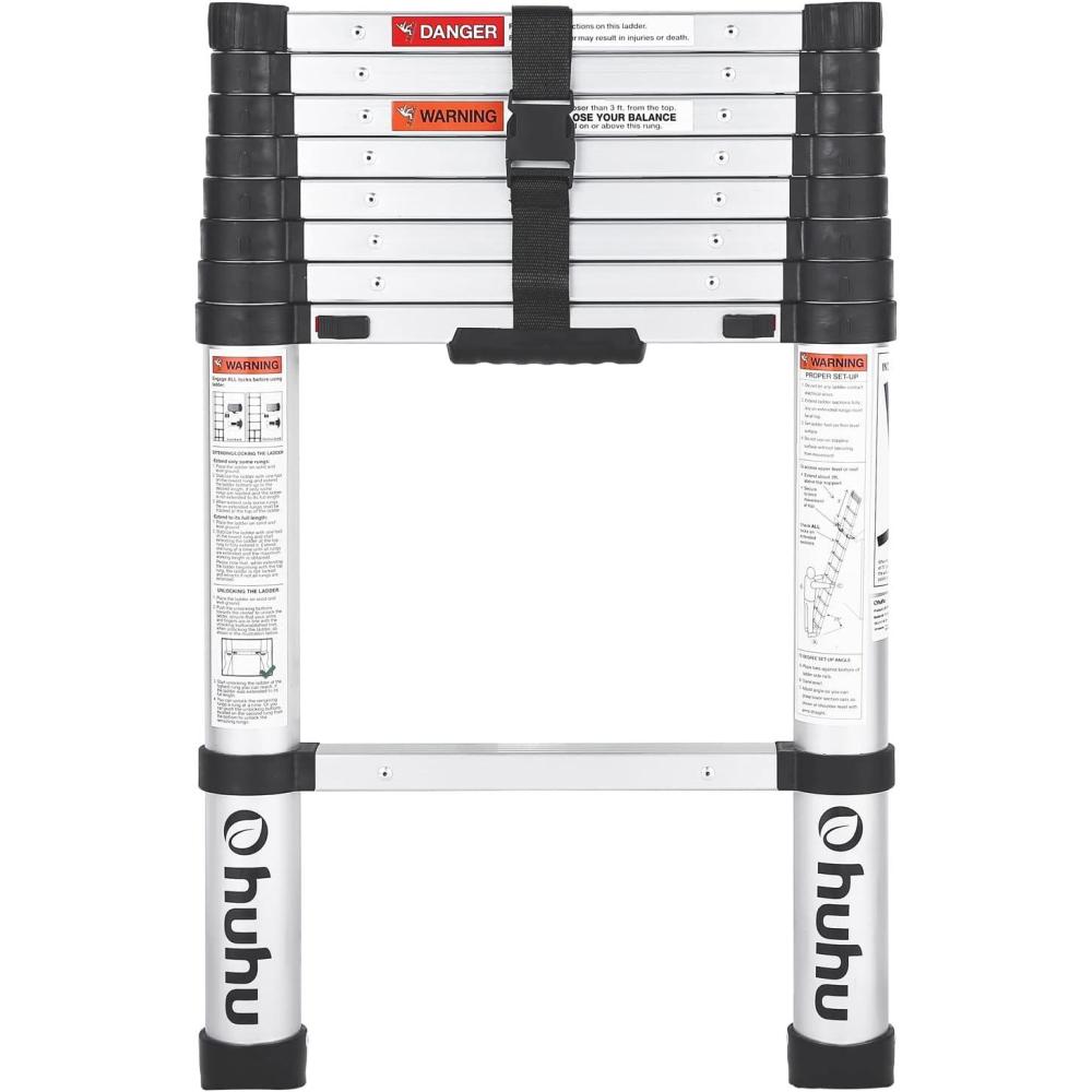 imageOhuhu 85 FT Aluminum Telescoping Ladder OneButton Retraction Heavy Duty Extension Ladder for Home ANSI Certified Collapsible Ladders with Safe Slow Restoring for RV Roof Loft Silver