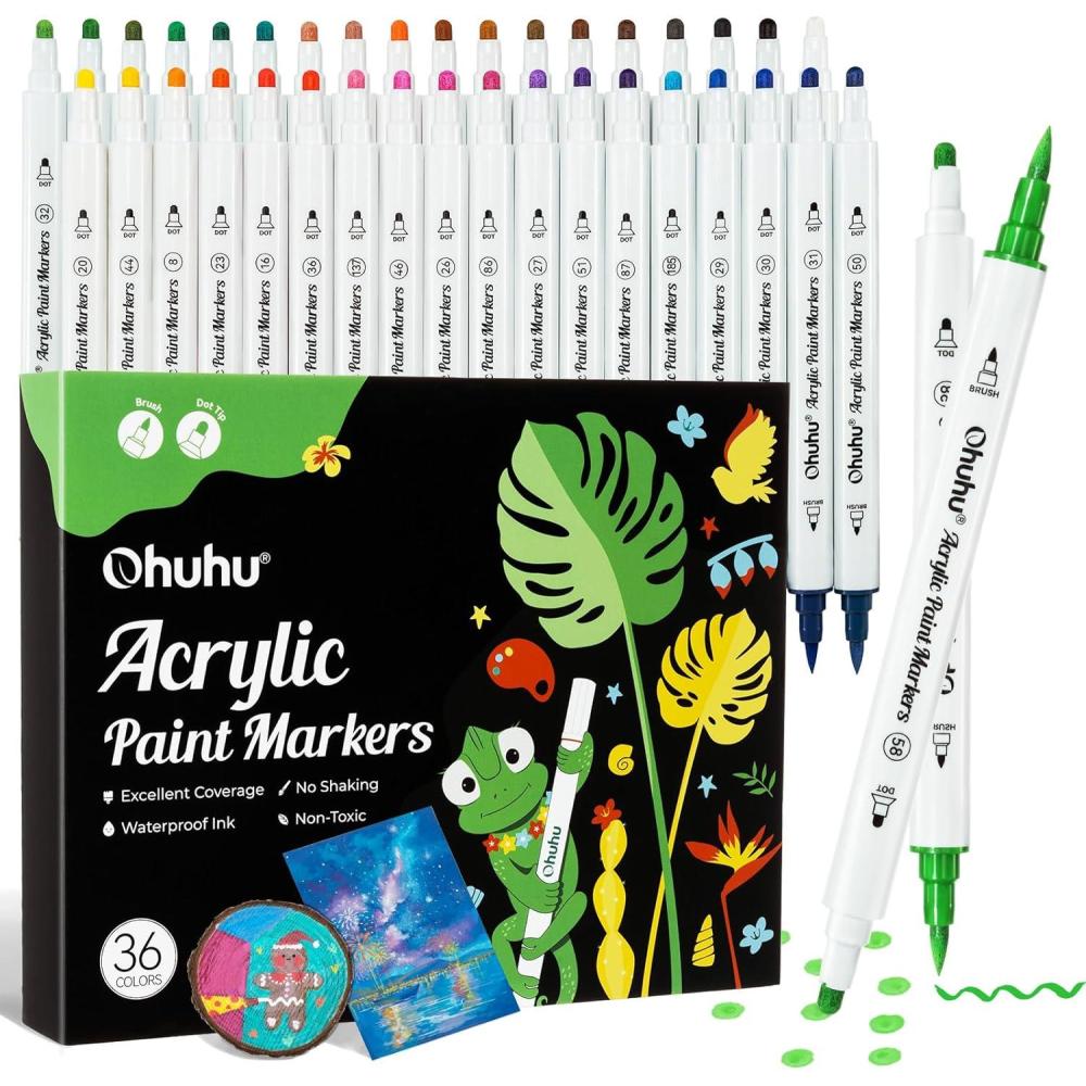 imageOhuhu Acrylic Paint Markers Cottoncore 36 Colors Dual Tips Brush ampamp Fine Paint Pens High Opacity Acrylic Markers Waterproof Lightfast for Rock Painting Easter Eggs Wood Glass Ceramic CanvasBrush  Dot