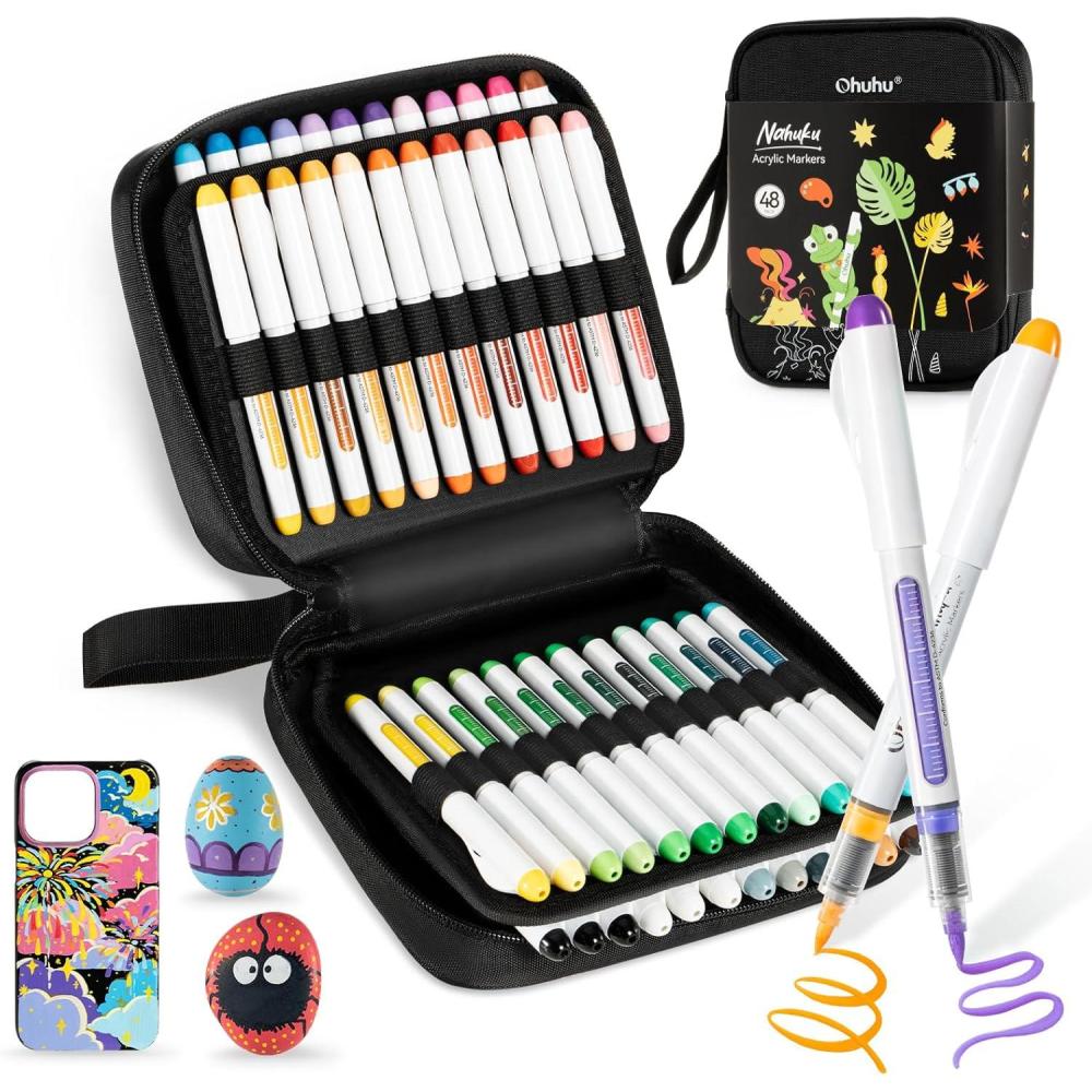 imageOhuhu Acrylic Paint Markers Direct Liquid 24 Colors Flexible Brush Tip Acrylic Markers High Opacity Paint Pens Waterproof Lightfast for Rock Easter Eggs Wood  Nahuku48 Pack