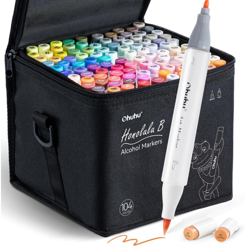 imageOhuhu Alcohol Markers Brush Tip 104color Double Tipped Alcohol Based Art Marker Set for Artists Adults Coloring Illustration Honolulu B of Ohuhu Markers Dual Tip Brush ampamp Fine Refillable