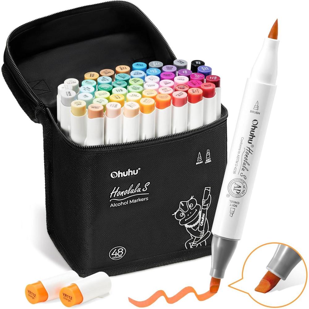 imageOhuhu Alcohol Markers Brush Tip Double Tipped Art Marker Set for Artist Adults Coloring Illustration 48 Colors Brush ampamp Fine Honolulu B RefillableBrush Soft Chisel