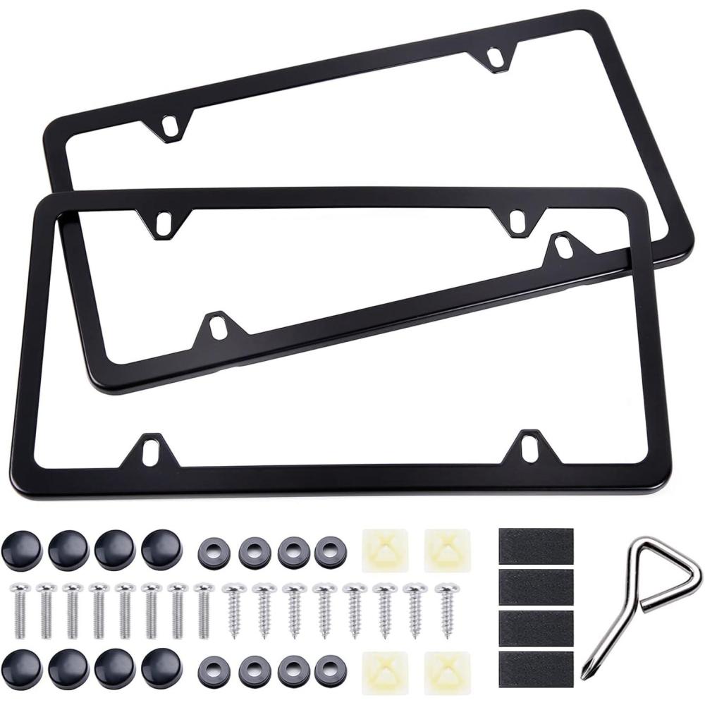 imageOhuhu Black License Plate Frames 4 Hole Matte Aluminum 2 PCS Slim License Plate Frame with Screws Caps Black