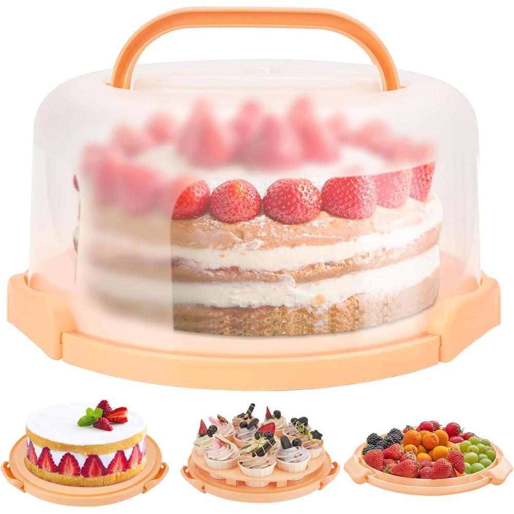 imageOhuhu Cake Holder BPAFree Cake Carrier with Lid and Handle Cake Transport Container Portable Cake Keeper Two Sided Base for Pies Cookies Nuts Fruit etc  Suitable for 10 inch Cake Perfect GiftsPeach
