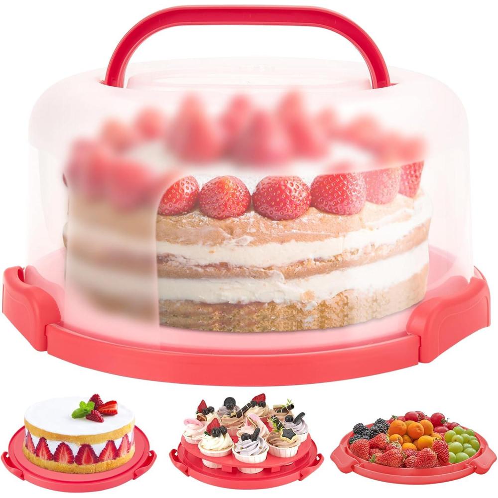 imageOhuhu Cake Holder BPAFree Cake Carrier with Lid and Handle Cake Transport Container Portable Cake Keeper Two Sided Base for Pies Cookies Nuts Fruit etc  Suitable for 10 inch Cake Perfect GiftsRed