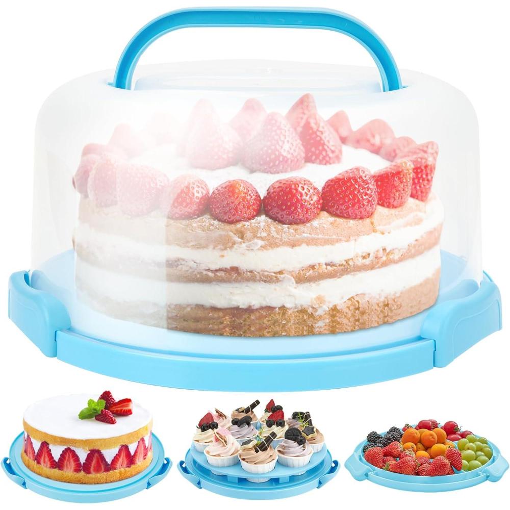 imageOhuhu Cake Holder BPAFree Cake Carrier with Lid and Handle Cake Transport Container Portable Cake Keeper Two Sided Base for Pies Cookies Nuts Fruit etc  Suitable for 10 inch Cake Perfect GiftsBlue