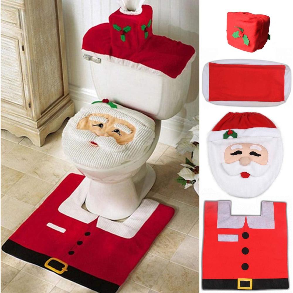 imageOhuhu Christmas Bathroom Sets Santa Toilet Seat Cover 4Piece Christmas Bathroom Decor Toilet Seat Cover and Rug Set Santa on The Toilet Ornament Santa Claus Toilet Seat for Christmas Decorations