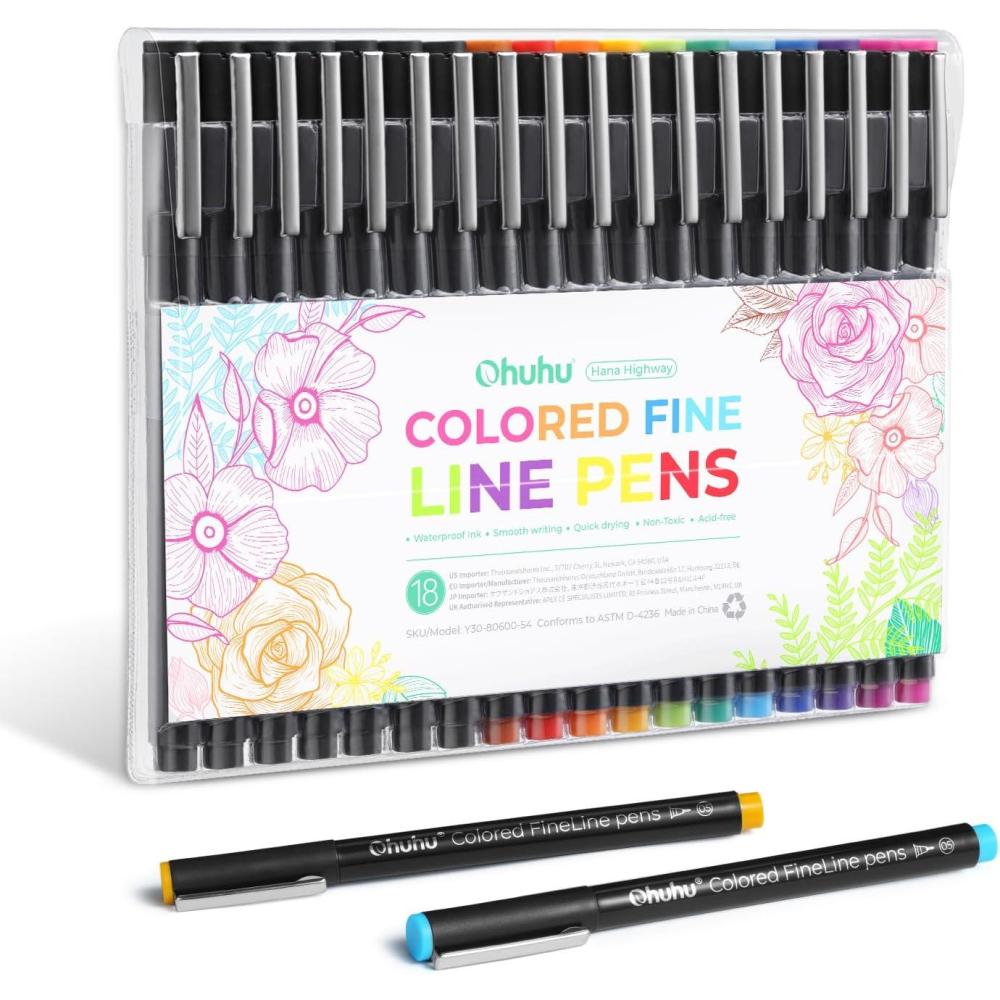 imageOhuhu Colored Fineliner Drawing Pens 18 Packs Fineliners 11 Colored Pens ampamp 7 Assorted Point Sizes Black Micro Pen Waterproof for Drawing Sketching Anime Manga Artists Beginners  Hana Highway7 Black  11 Colours
