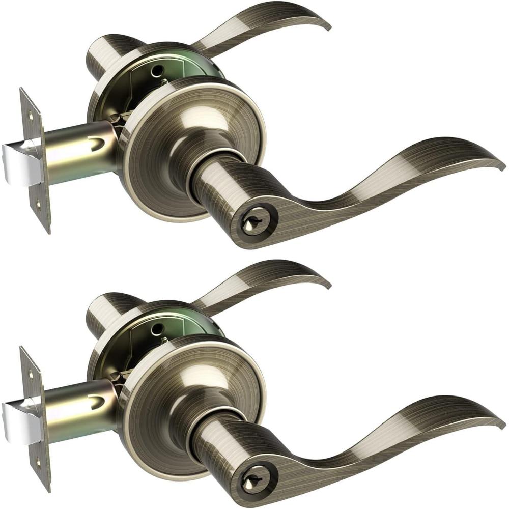 imageOhuhu Door Handle Bronze Door Knobs Interior Exterior Door Lock Lever with Key Antique Brass for Bedroom Bathroom Privacy not Keyed Alike Wave Style Entry locksets Zinc Alloy2 Pack