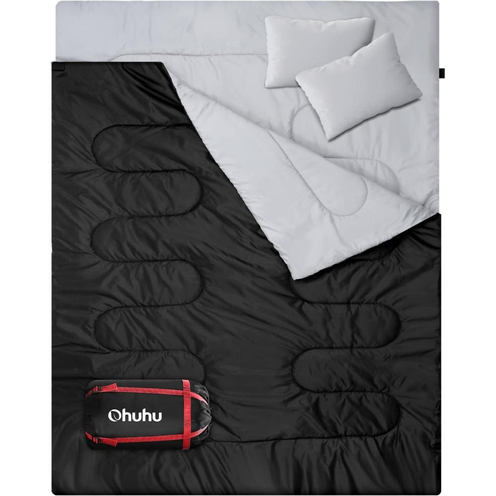 imageOhuhu Double Sleeping Bag Queen Size 2 Person 3 Season for Warm ampamp Cold Weather Camping Sleeping Bag with 2 Pillows Large Size 87 x 60 Waterproof LightweightBlack