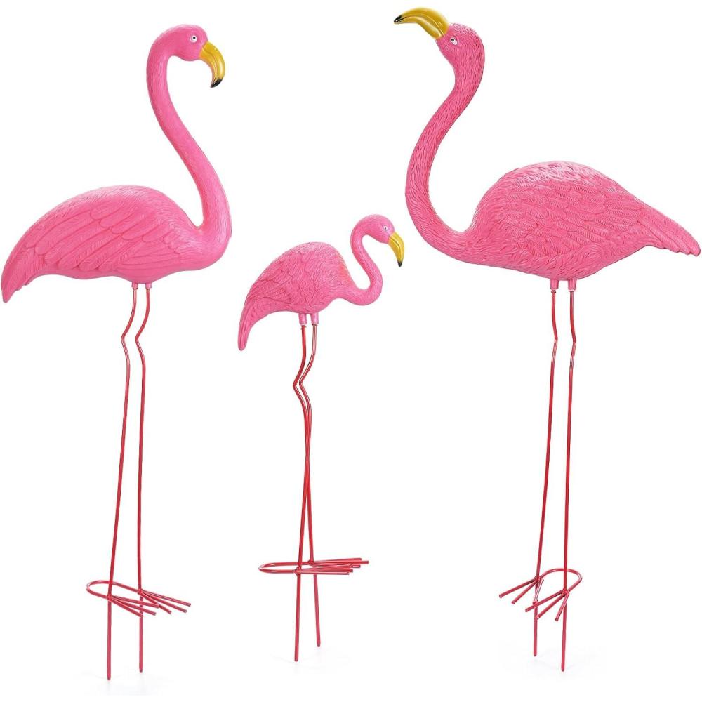 imageOhuhu Family Flamingo Yard Ornaments Set of 3 32quot 31quot 19quot Bright Pink Flamingos Ornaments with Metal Feet Stakes for Garden Yard Patio Party Decoration Outdoor Decor Gardening