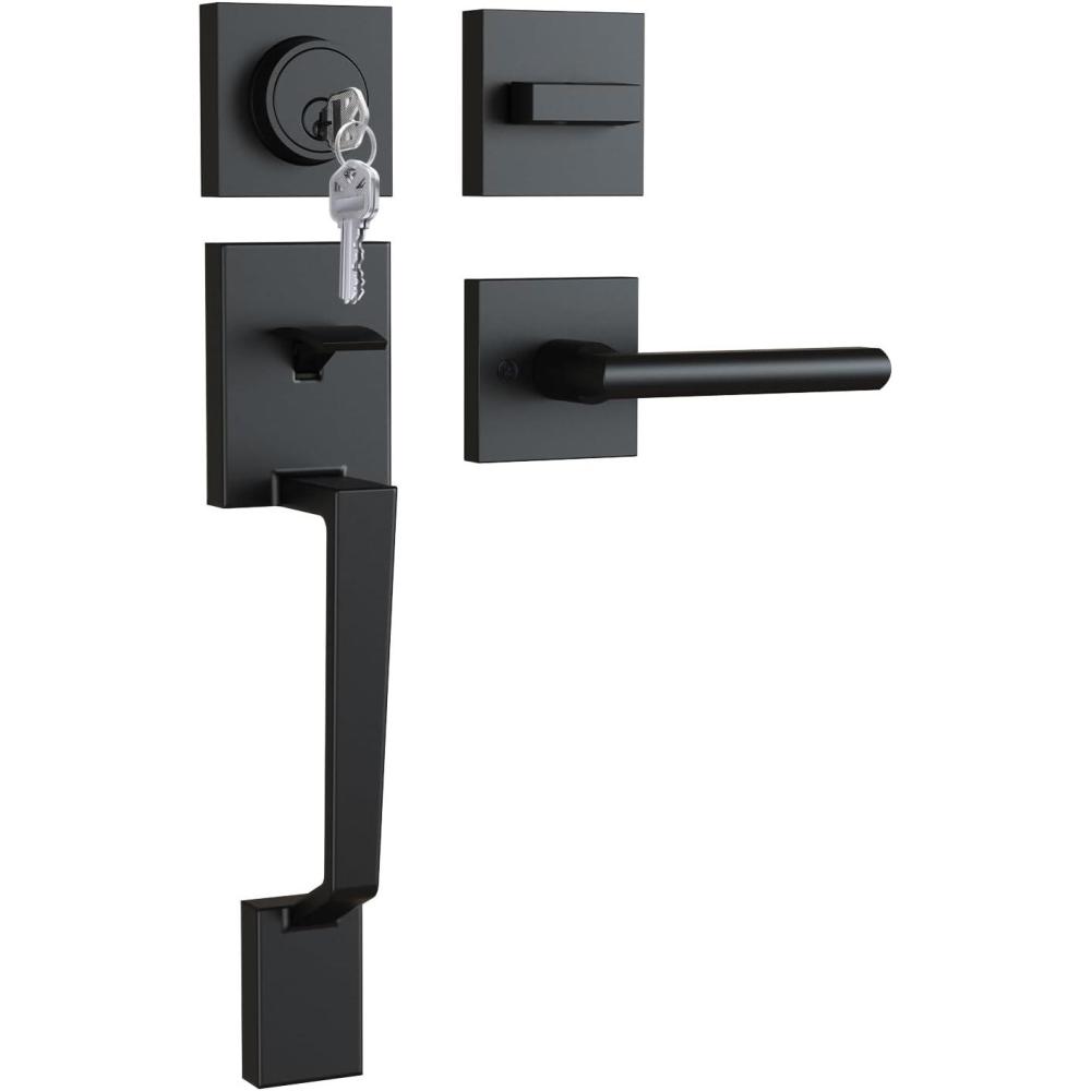 imageOhuhu Front Door Lock Set Heavy Duty Upgraded Front Door Handle Black Locksets with Deadbolt  Entry Exterior Door Handle Sets Single Cylinder Reversible Lever Matte Finish Zinc Alloy Modern Stylewith deadbolt