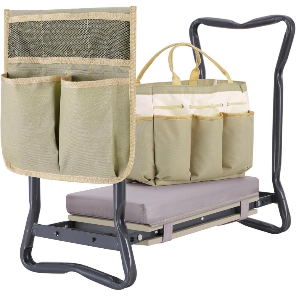 imageOhuhu Garden Kneeler and Seat Heavy Duty Garden Stool with EVA Foam Kneeling Pad Foldable Gardening Bench with 2 Tool Pouches 2in1 Portable Gardening Supplies Idea Gifts for Women Men SeniorsLight Gray