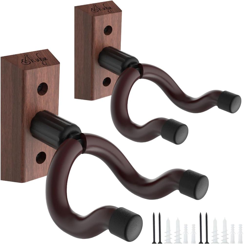 imageOhuhu Guitar Wall Hangers 2Pack Guitar Wall Mount with Screws AntiSlip V Shape Rotatable Hardwood Guitar Mount Hook Holder Stand for Electric Acoustic Guitar Ukulele Bass Banjo Mandolin Walnut