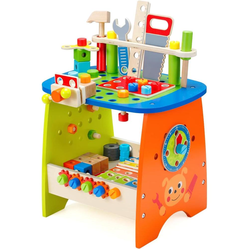 imageOhuhu Kids Tool Set 89Pcs Wooden Toddler Tool with Box Montessori Toys Workbench Toy Set with Construction Toys Learning Educational Bench Play for Boys Girls Age 3 4 5 6 7 Birthday