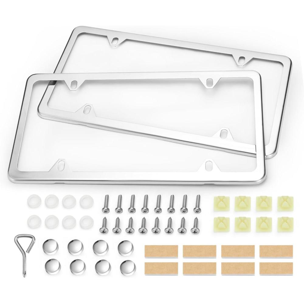 imageOhuhu License Plate Frames 2 Pcs 4 Holes Slim Stainless Steel Polish Mirror License Plate Frame  Chrome Screw Caps Silver