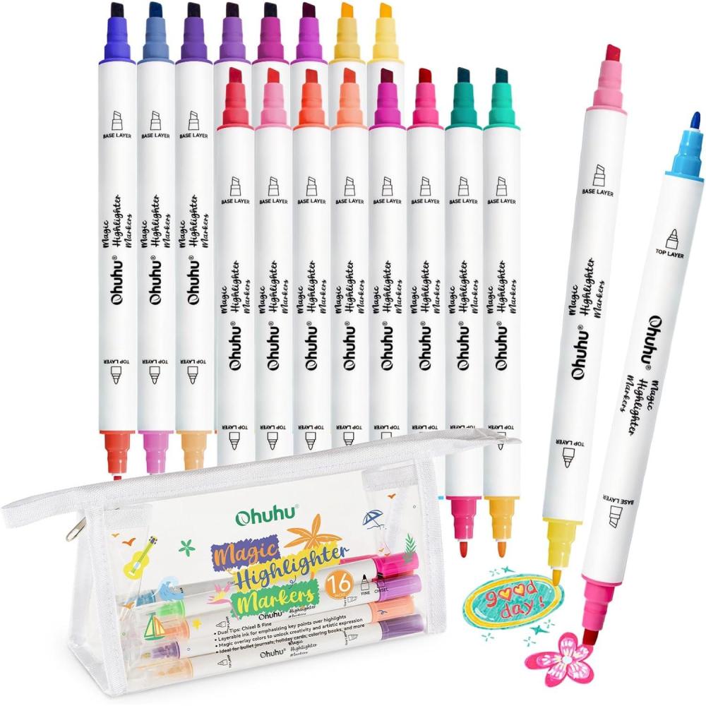 imageOhuhu Markers Highlighters 16 Pack 32 Colors Dual Tips Double Colors Chisel ampamp Fine WaterBased Highlighters Assorted Colors for Journaling Office School Supplies Bible Note Taking